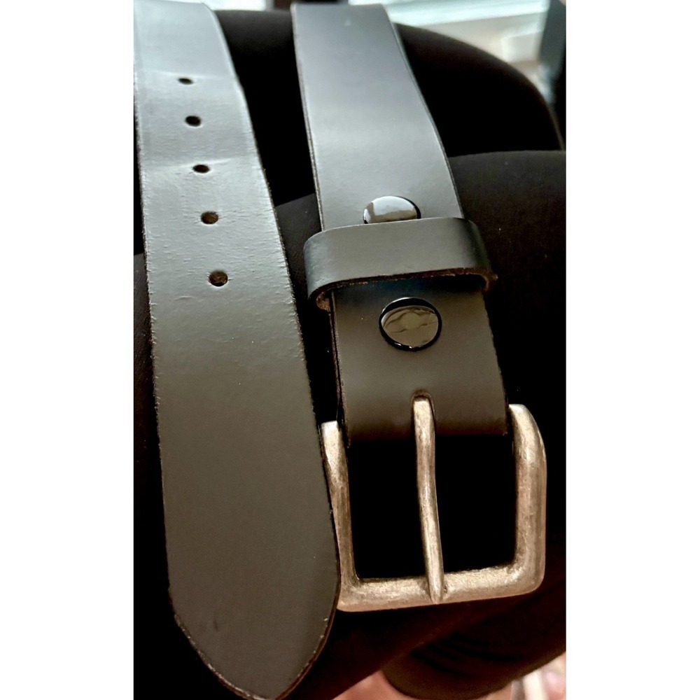 Men's Black Leather Casual Belt Size 46 Distressed Silver Buckle Jeans Work